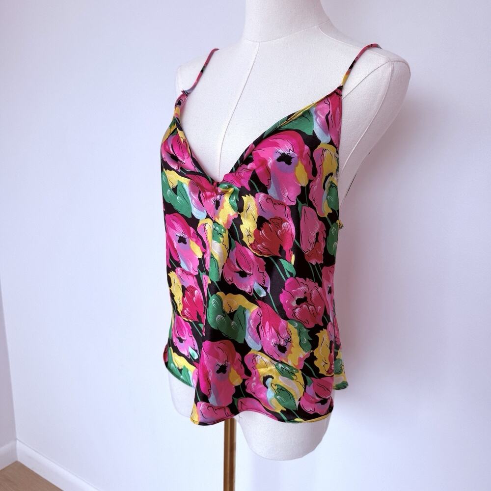 Y2K Bright Retro Floral Print Romantic Cami Festival Tank Top Women Sz M Vintage